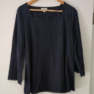 J.jill Strechy Casual Boho Square Neckline Eyelet Navy Blue Women's Top Sz L